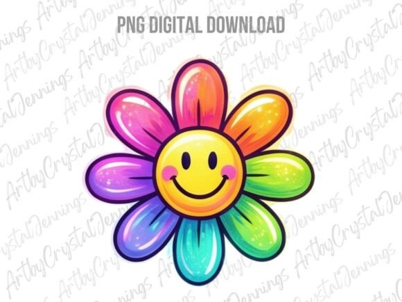 Download Retro Happy Face Rainbow Flower PNG - Flower png Collection